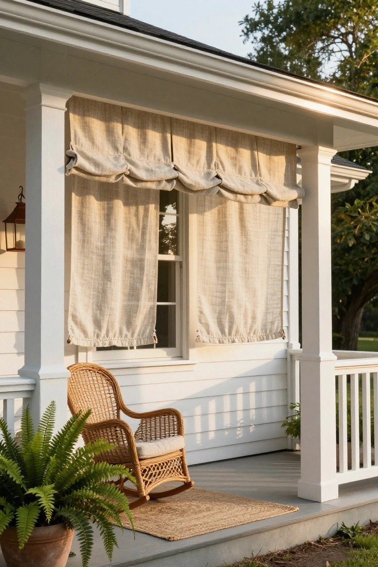 White clapboard house porch featuring a double-hung window covered by gathered beige linen curtains, a wicker rocking chair with cushion next to a potted fern, seagrass rug on the wood deck, and lantern light on the column.
