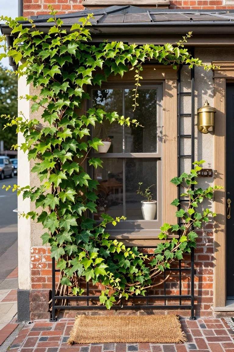 Brick house exterior showing green ivy climbing extensively around a wood-framed window next to a black front door, with a gold lantern light, potted plants on the windowsill, and a brick pathway.