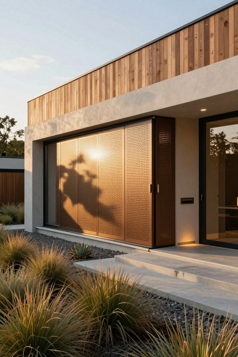 Side view of a modern house exterior with horizontal cedar wood cladding on the upper section, light stucco walls below, tall sliding perforated bronze metal panels over glass doors, a glass entry door, and low grasses with pebbles in front at sunset.