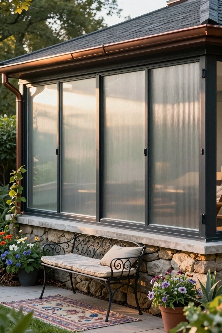 Exterior of a black-framed sunroom with four large vertical sliding panels of ribbed translucent glass, copper gutters along the dark sloped roof, a cushioned wrought-iron bench on a stone ledge surrounded by potted plants and flowers on a paved patio area.