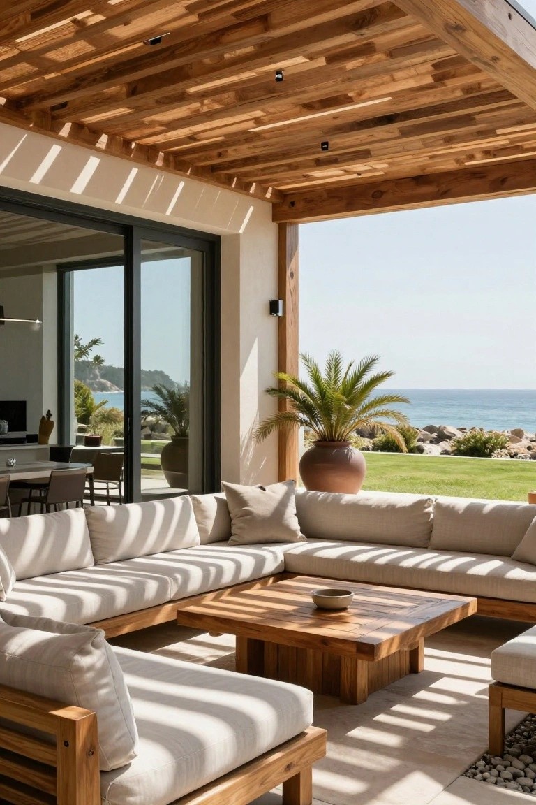Outdoor seating area under wooden slatted pergola with beige L-shaped sofa, wooden coffee table, potted palm, large sliding glass doors to modern house interior, green lawn, rocks, and ocean view.