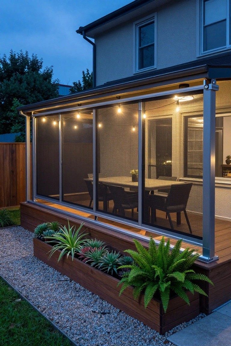 Dusk photo of a screened porch with sliding mesh panels enclosing an outdoor dining table and chairs, string lights overhead, potted plants in wooden planters along the deck edge, and a house wall visible behind.