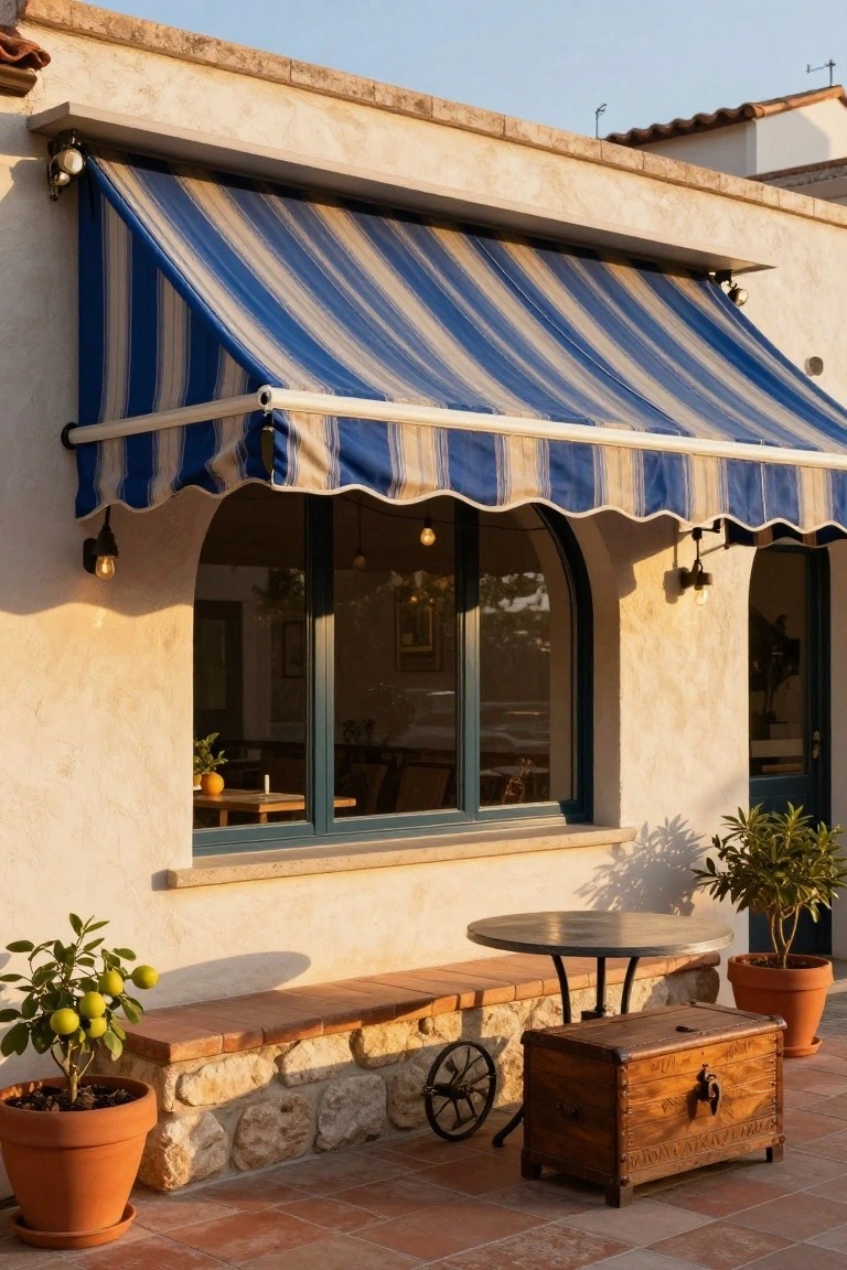 Stucco house exterior with blue and white striped awning over arched window, potted lemon trees, small metal table, wooden chest on wheels, and tiled patio.