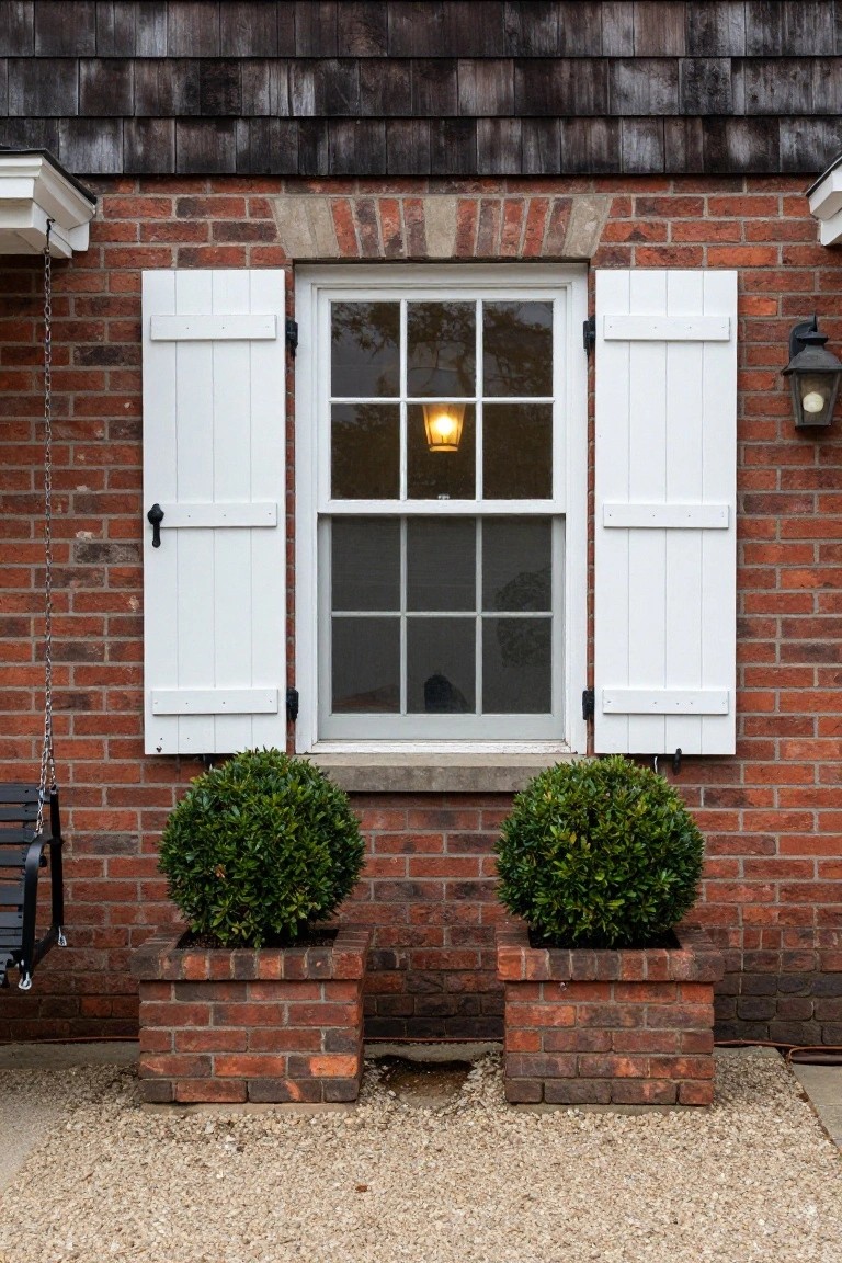 Close-up of a brick house wall with a lit double-hung window behind closed white wooden louvered shutters, flanked by two brick planters containing trimmed boxwood shrubs, a hanging porch swing to the left, and a wall lantern to the right on gravel ground.