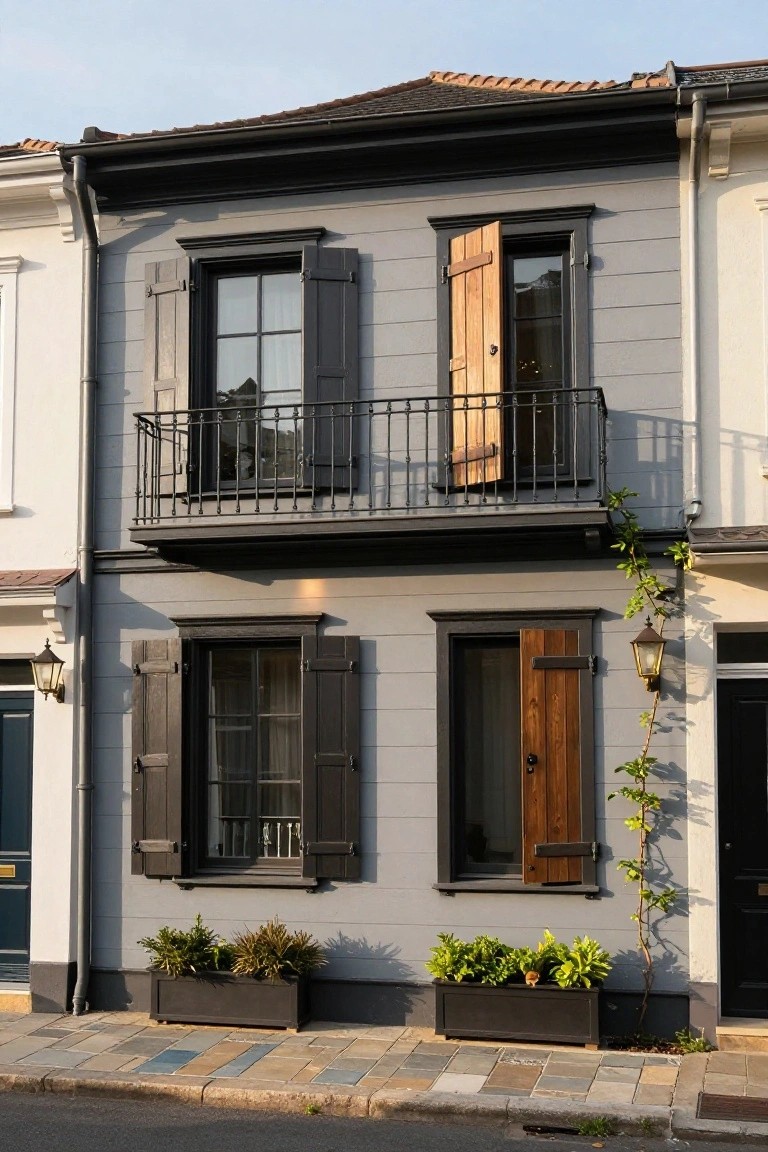 Two-story house facade painted gray with black window frames, wooden plank shutters partially open on lower windows, black louvered shutters on upper windows, a second-floor balcony with railing, potted plants in black boxes, and ivy climbing one side.