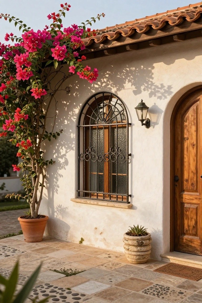 White stucco exterior wall of a house featuring an arched window with black wrought iron grilles, wooden door, wall lantern, climbing bougainvillea, potted plants, and stone tile patio.