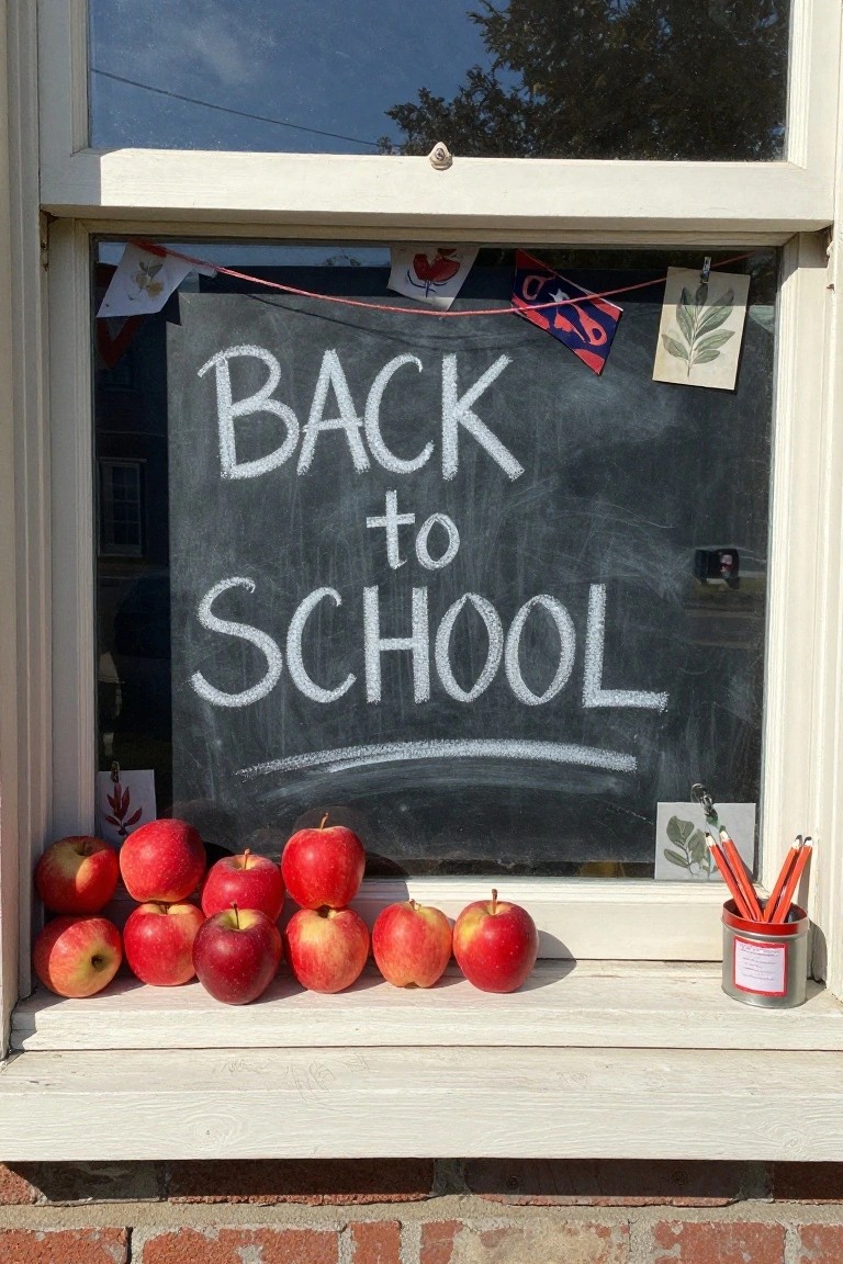 White-framed window viewed from outside displaying a chalkboard sign reading 