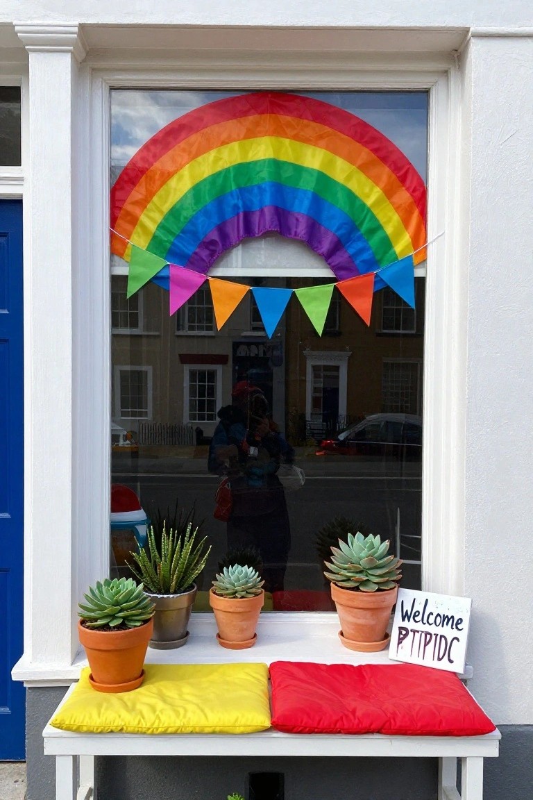 White-framed house window with a large rainbow flag draped over the top, multicolored triangular bunting hanging below, potted succulents on the sill, yellow and red cushions, and a sign reading 