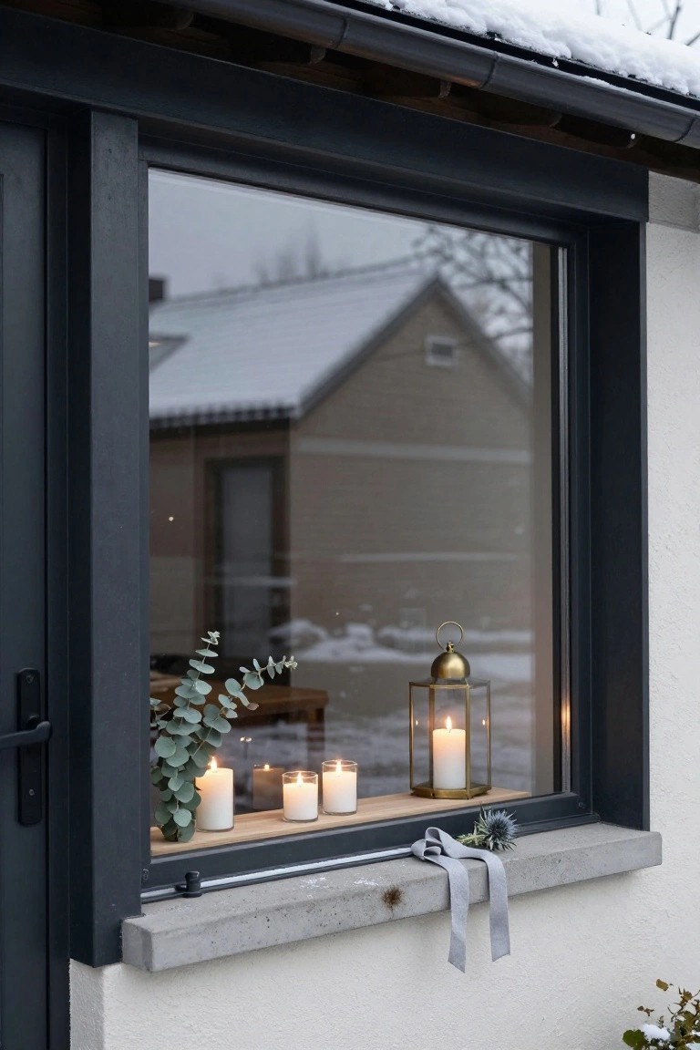 Snowy exterior view through a large black-framed window showing white candles, eucalyptus branches, brass lantern with candle, and thistle with gray ribbon on a concrete sill, with house reflection in glass.