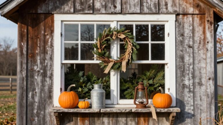 Weathered shiplap house exterior featuring a six-pane white window framed by pine needle garland with burlap ribbon bows and a wheat wreath, pumpkins on the sill and stone stoop, a metal milk can, and rusty lantern.