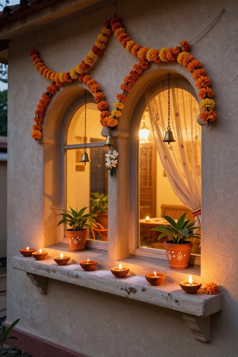 Beige stucco exterior wall featuring two arched windows draped with orange marigold garlands, hanging brass bells, potted green plants on the sill and inside, and several lit clay diyas on the stone ledge at dusk.