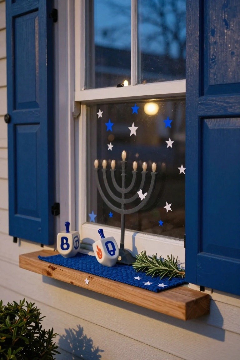 Exterior window on a white house with blue shutters, featuring a wooden windowsill shelf holding a metal menorah, two dreidels, blue fabric mat, and rosemary sprig, with blue and white star stickers on the glass.