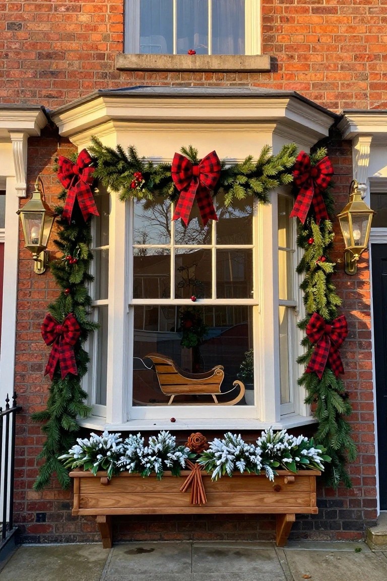 Red brick house bay window framed by green garland with red plaid bows and red berries, flanked by lanterns, with a wooden planter box of white-frosted greenery below and a sleigh visible inside the window.