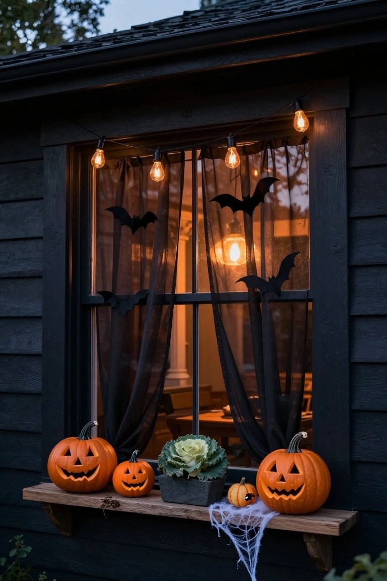 Dark wooden house window with sheer black curtains, bat silhouettes, string lights overhead, and a wooden sill holding carved jack-o-lanterns, a small pumpkin, cabbage plant, and cobwebs.