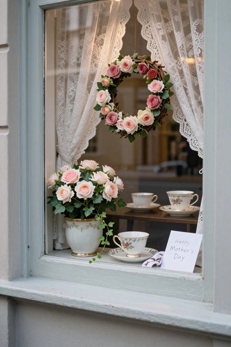 Exterior shop window framed in light green with white lace curtains, a pink rose wreath hanging above, potted pink roses with ivy on the sill, white and gold teacups with saucers, a cloth napkin, and a handwritten 