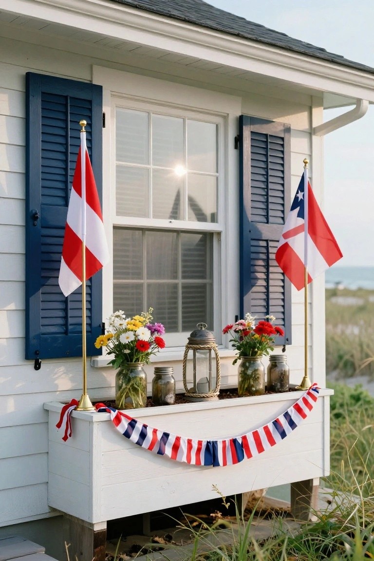 White clapboard house exterior window with dark blue shutters flanked by two American flags on gold poles, a white window box below holding mason jars of colorful flowers, a lantern, and red-white-blue bunting garland, set against dune grass and ocean view.