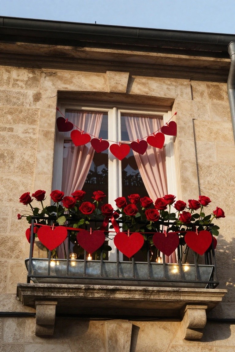 Beige stone building facade with a double window framed by red felt heart garlands, pink sheer curtains inside, and a black metal balcony planter overflowing with red roses and additional red heart decorations clipped on.