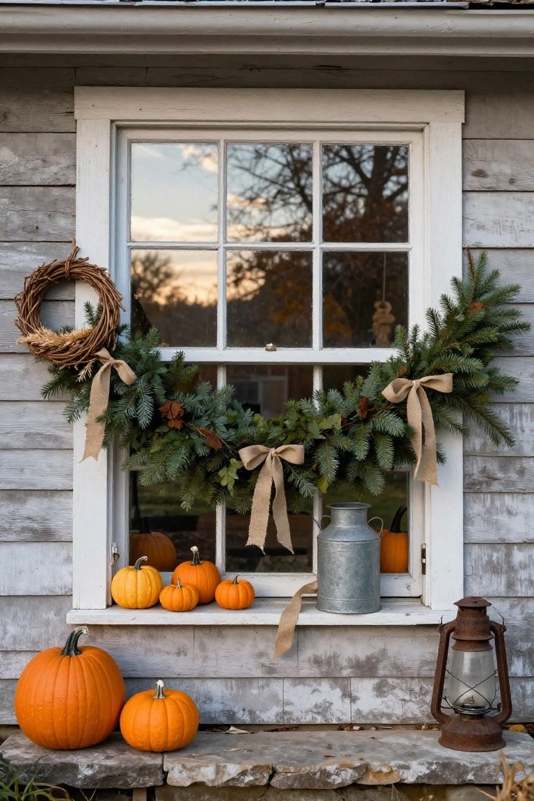 Weathered shiplap house exterior featuring a six-pane white window framed by pine needle garland with burlap ribbon bows and a wheat wreath, pumpkins on the sill and stone stoop, a metal milk can, and rusty lantern.