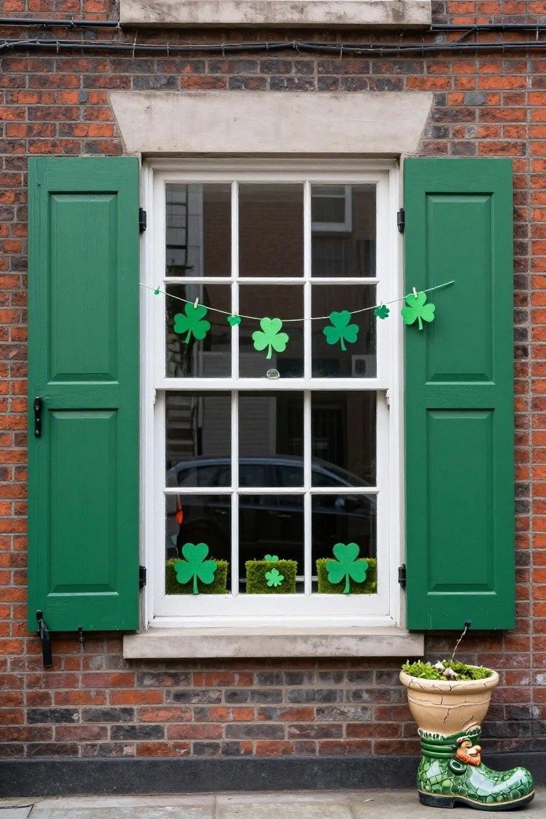 Brick exterior window with open green shutters, shamrock garland draped across the panes, shamrock decorations on the interior glass, and a large green leprechaun boot planter positioned beside the window on the ground.