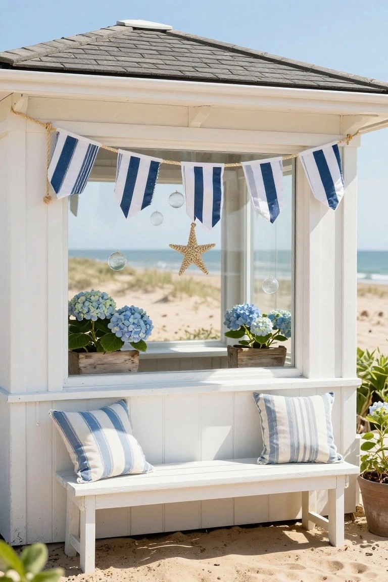 White wooden beach booth on sand with blue and white striped bunting hanging above glass windows, blue hydrangeas in wooden boxes on sills, pillows on bench, sea star decoration, ocean view.