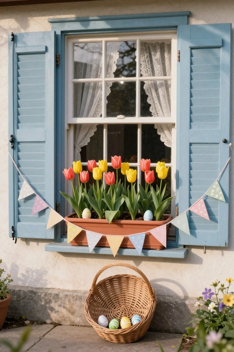 House exterior featuring a window with open blue shutters, lace curtains visible inside, a terracotta window box of red and yellow tulips with Easter eggs among them, pastel bunting draped around, and a wicker basket of colored Easter eggs on the stone path below.