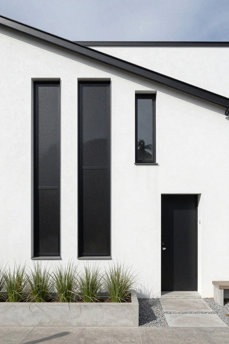 White modern house exterior with three tall black mesh shuttered windows, one small upper window, black front door, concrete planter box of grasses, pebble accents, and concrete pavers.