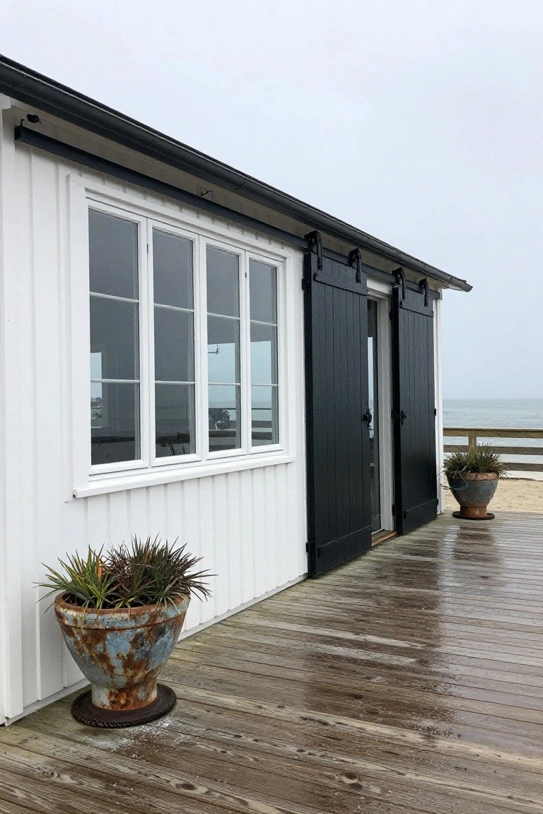 White clapboard wall with large multi-pane windows, black sliding barn doors partially open, potted plants on a wet wooden deck, and ocean view in the background.