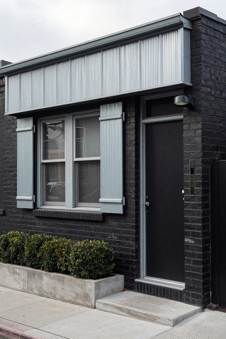 Black brick house facade featuring a double-hung window with open blue-gray corrugated metal shutters, a black front door, and a concrete planter with boxwood shrubs along the base.