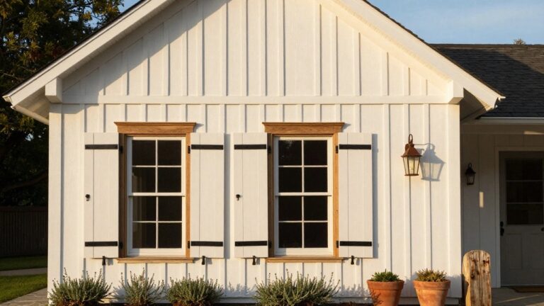 White clapboard house exterior with black shingle roof, three multi-pane windows with partially open white shutters and wooden trim, terracotta planters with greenery, metal lantern, and stone path at base.