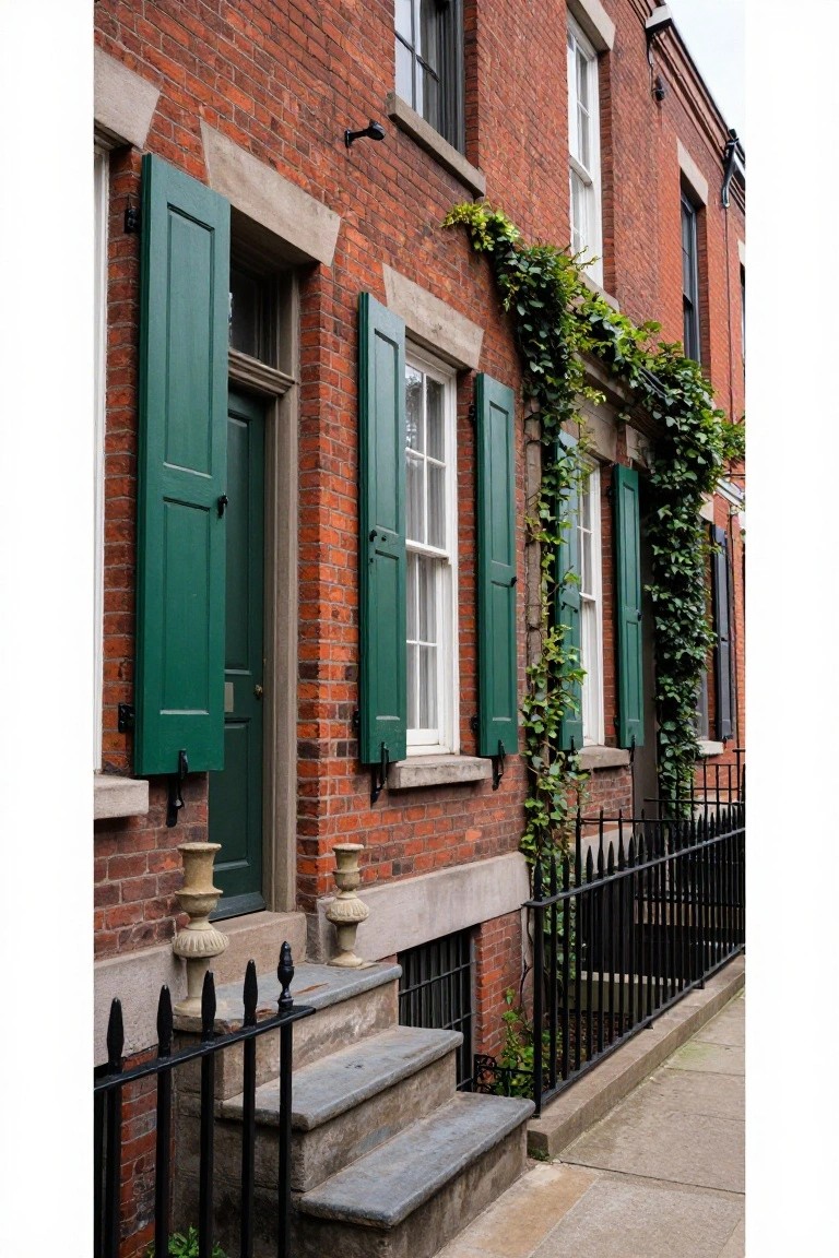 Row of three-story red brick townhouses with dark green wooden shutters on windows and doors, ivy climbing the upper walls, stone stoops with black iron railings, and urns flanking the central green door.