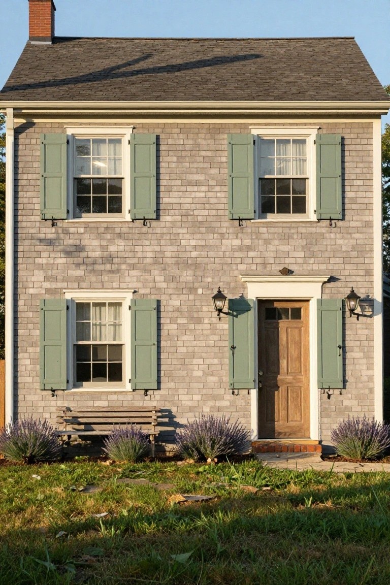 Gray shingled two-story house with green louvered shutters on multi-pane windows, white trim, wood entry door flanked by lanterns, lavender plants and wooden bench at front, on grassy yard.