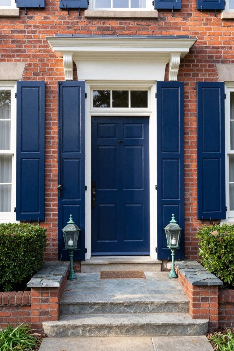 Red brick house facade with open navy blue shutters on white-trimmed windows flanking a navy blue front door, stone steps leading up with green lanterns and boxwood shrubs on either side.