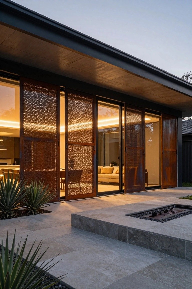 House exterior with tall sliding glass doors behind perforated brownish metal screens, a concrete terrace with fire pit and agave plants in front, warm interior lights glowing through the screens at dusk.