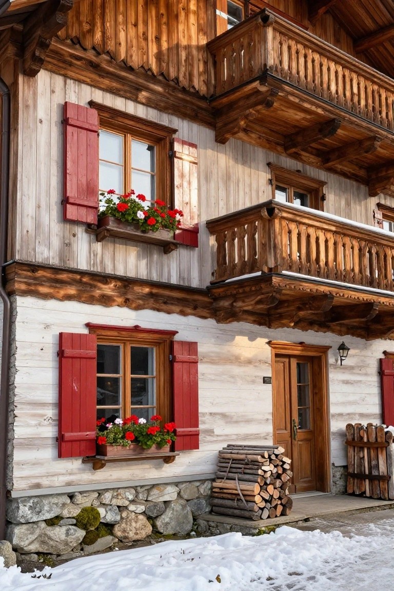 Chalet house exterior with red wooden shutters on whitewashed plank walls, flower boxes of red geraniums on windows, wooden balcony with snow, stacks of firewood by the door, and stone foundation in snowy setting.
