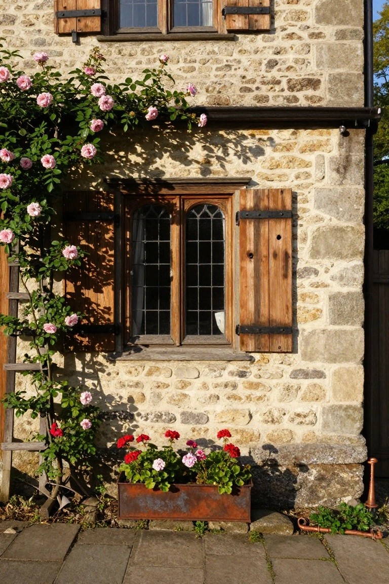 Corner of a beige stone house with dark wooden shutters on leaded glass windows, pink climbing roses on a trellis, and a rusted metal window box filled with red geraniums on a stone path.