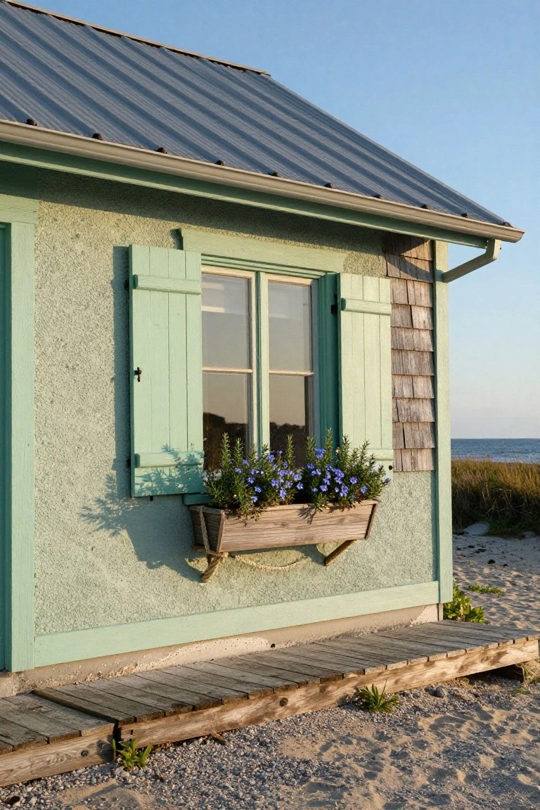 Mint-green stucco beach house corner with open matching green louvered shutters on a double window, wooden window box with rosemary and blue flowers below, gray metal roof, wooden deck, and ocean dunes in background.