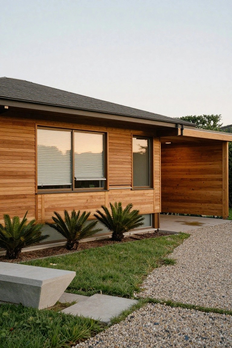 Side exterior of a modern house with horizontal cedar wood cladding, large windows covered by partially lowered slatted roller blinds, dwarf palm plants, concrete bench, grass lawn, and gravel path.