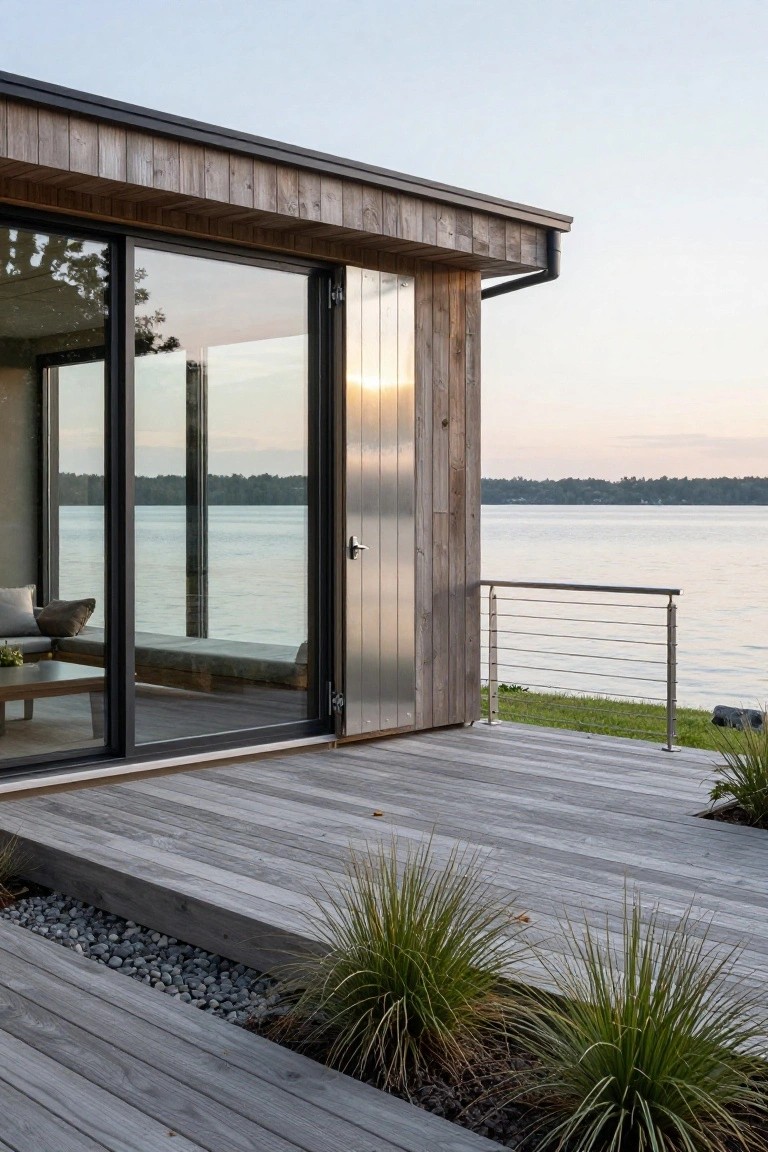 Modern house exterior with dark wood cladding, large sliding glass doors, and adjacent vertical metal shutter panels on a wooden deck by a lake.