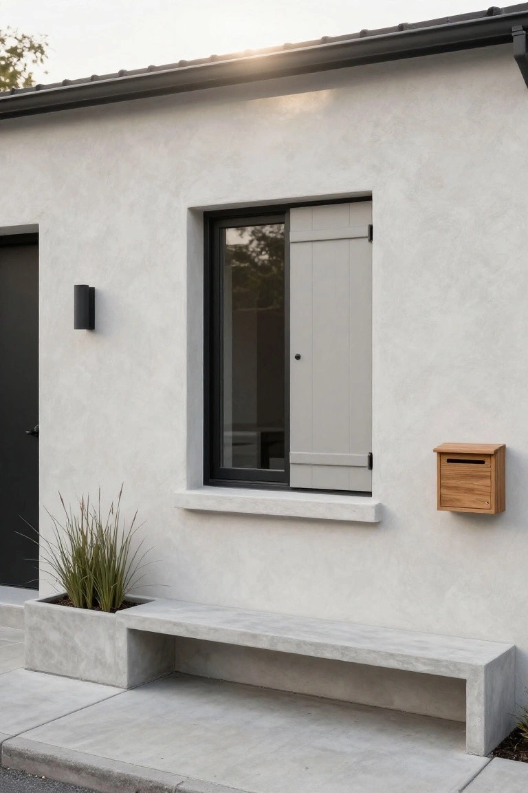 Beige stucco house exterior wall with black door, black-framed window with partially open gray shutters, wall-mounted light, wooden mailbox, concrete bench, and planter with tall grass.