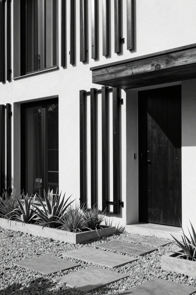 Black-and-white photo of a modern minimalist house exterior with tall vertical black slatted shutters framing large glass windows and a dark wooden entry door, gravel yard with stone stepping path and agave plants in concrete planters.