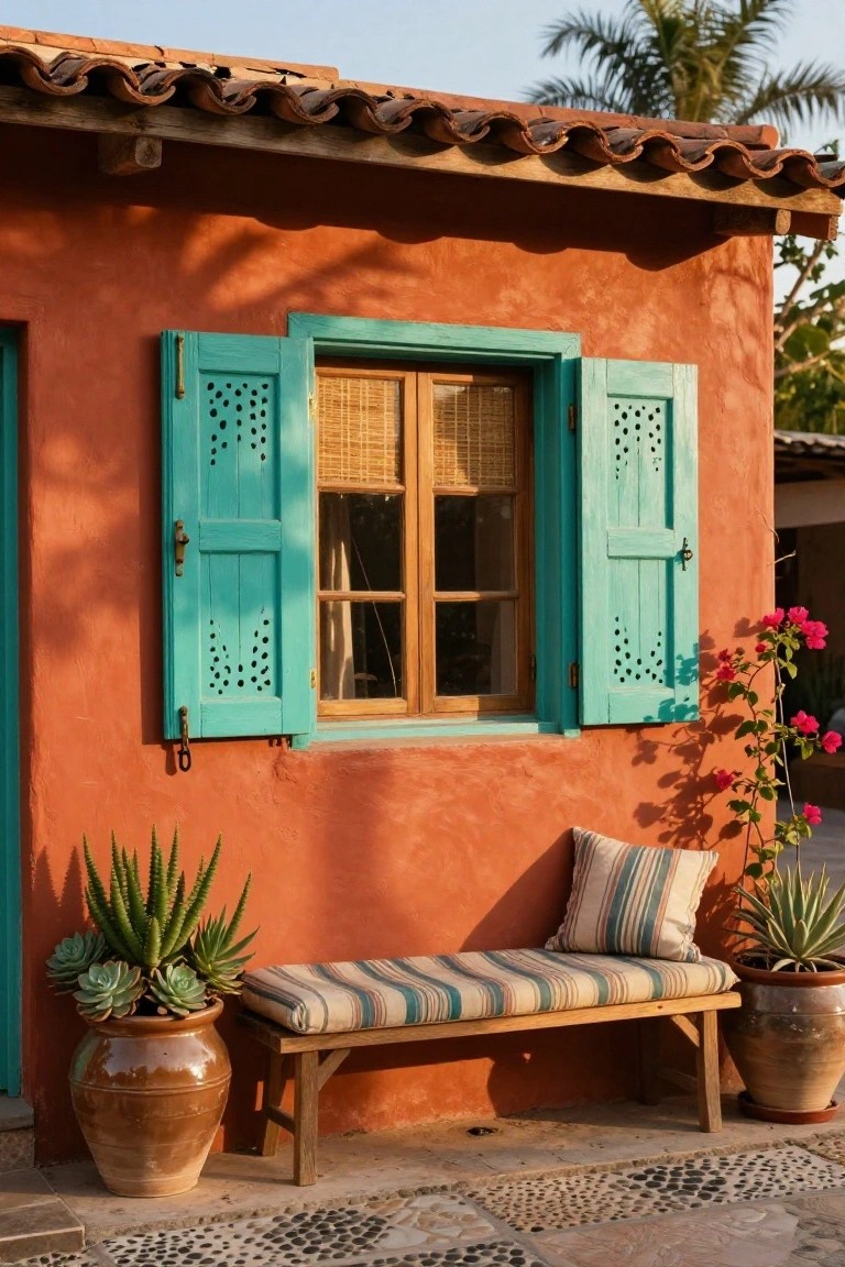 Terracotta adobe wall with open turquoise wooden shutters framing a window with bamboo blinds, flanked by large terracotta pots of agave plants and a wooden bench with striped cushions on a pebble stone path.