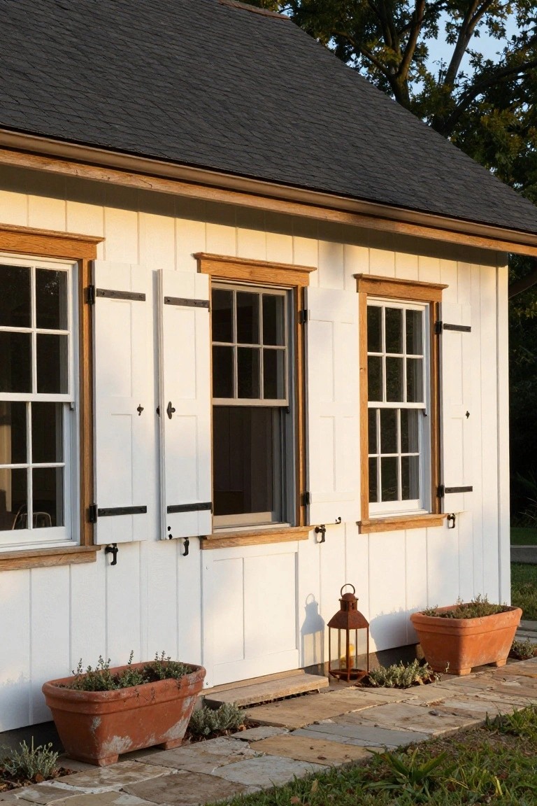 White clapboard house exterior with black shingle roof, three multi-pane windows with partially open white shutters and wooden trim, terracotta planters with greenery, metal lantern, and stone path at base.