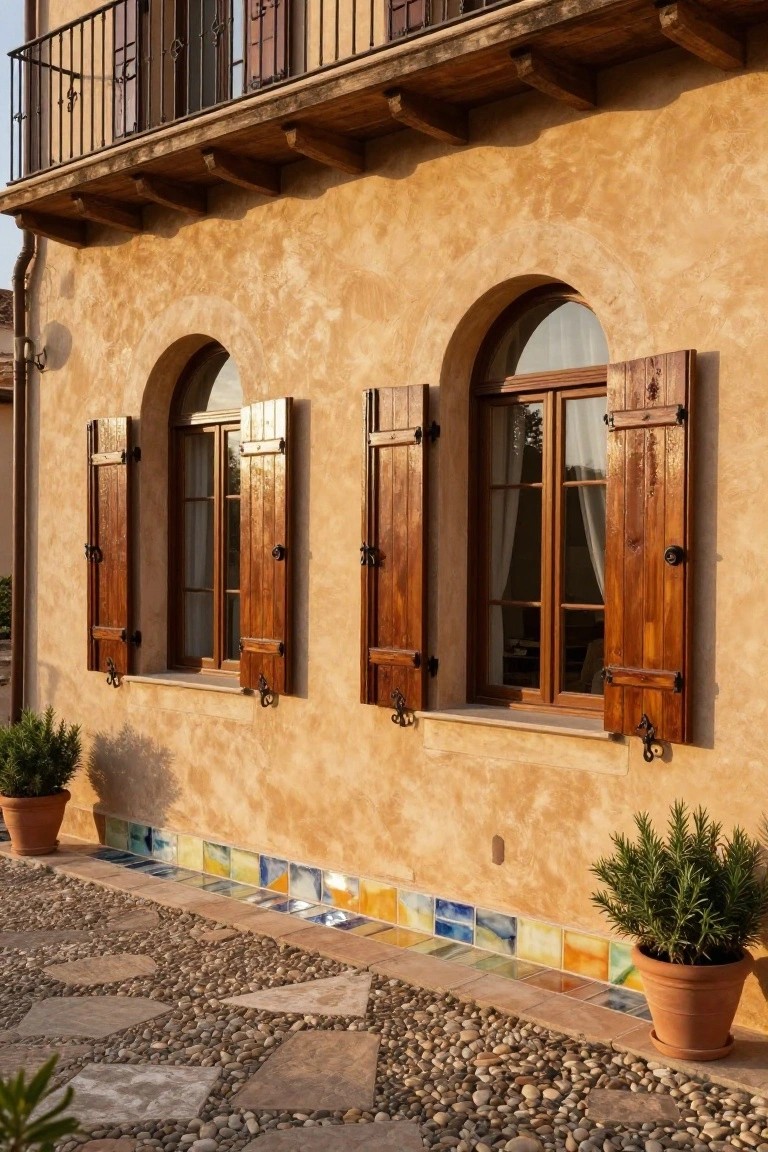 Beige stucco house exterior wall featuring two sets of arched double windows with open wooden louvered shutters, a balcony railing above, colorful mosaic tiles at the base, potted rosemary plants, and a pebble stone path.