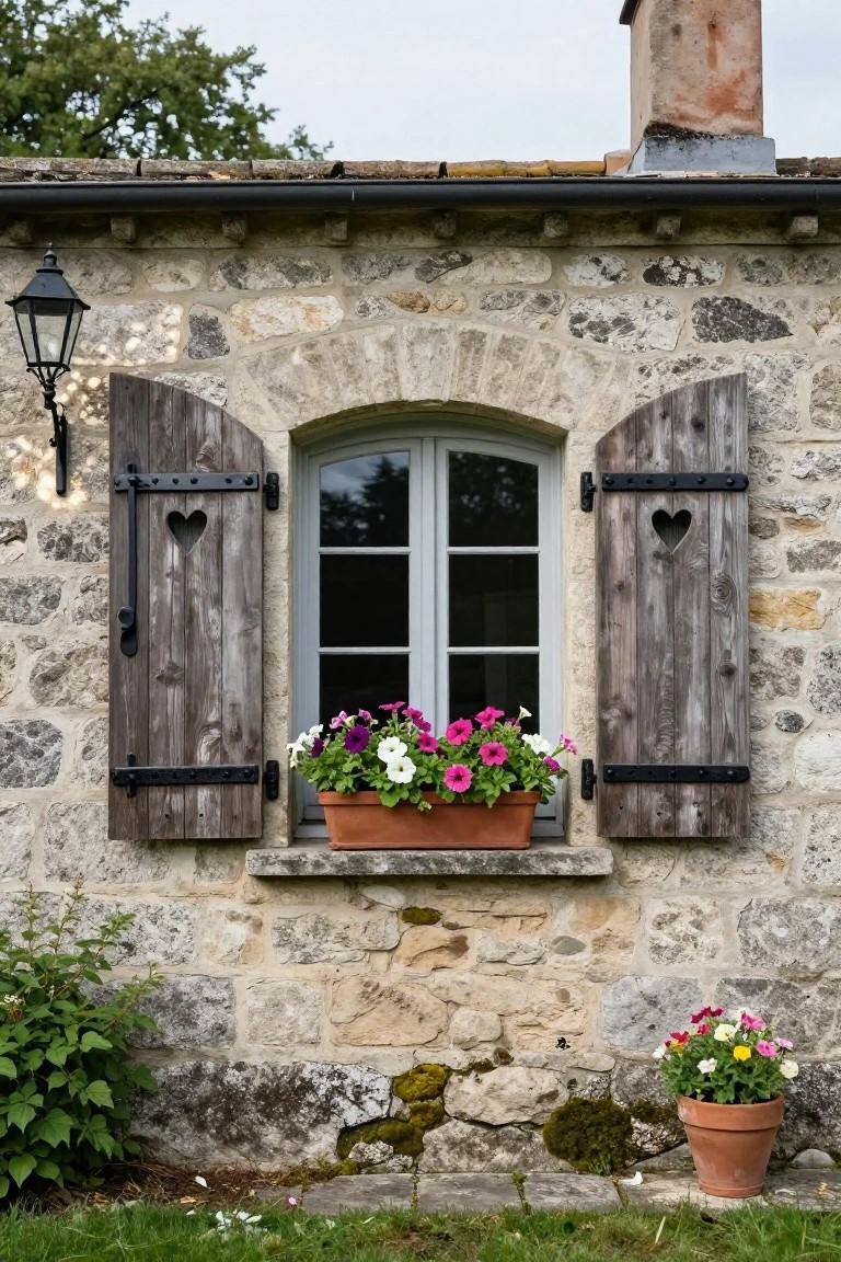 Close-up of a stone house wall with an arched window flanked by open wooden shutters featuring heart-shaped cutouts, a flower box of pink and white blooms on the sill, a wall lantern, and potted flowers and greenery at the base.