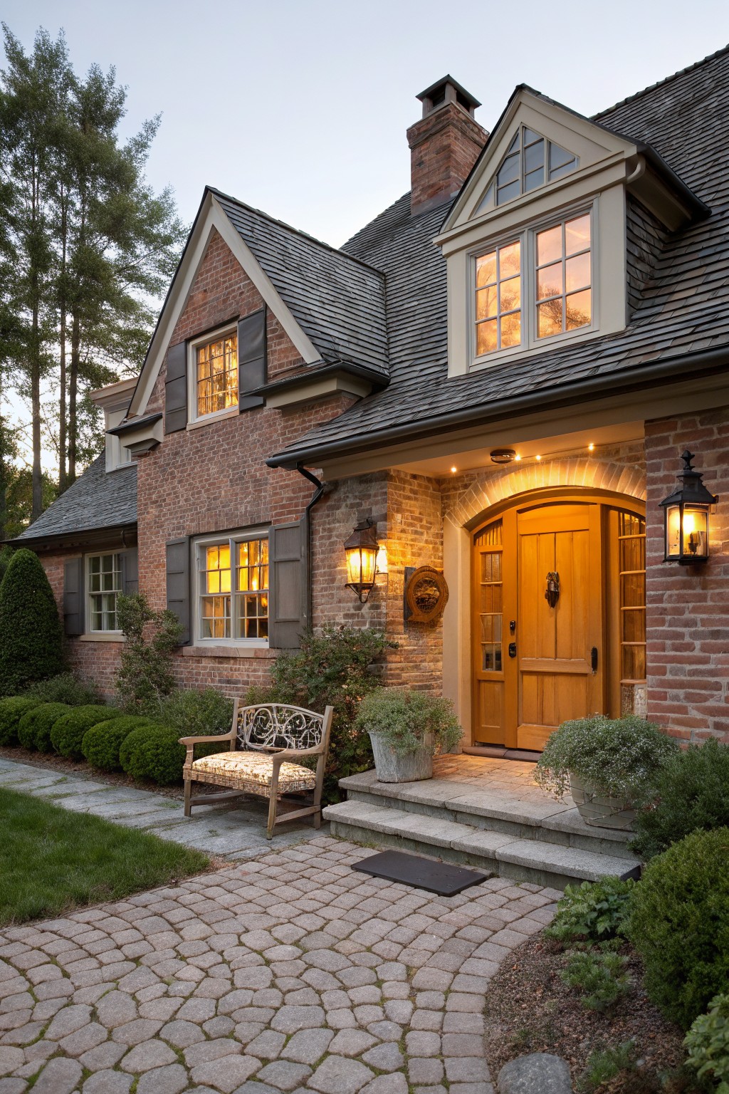 Brick house exterior featuring an arched wooden front door with lion knocker, flanked by lanterns and potted plants, wooden bench on stone pathway, surrounded by shrubs and trees at dusk.