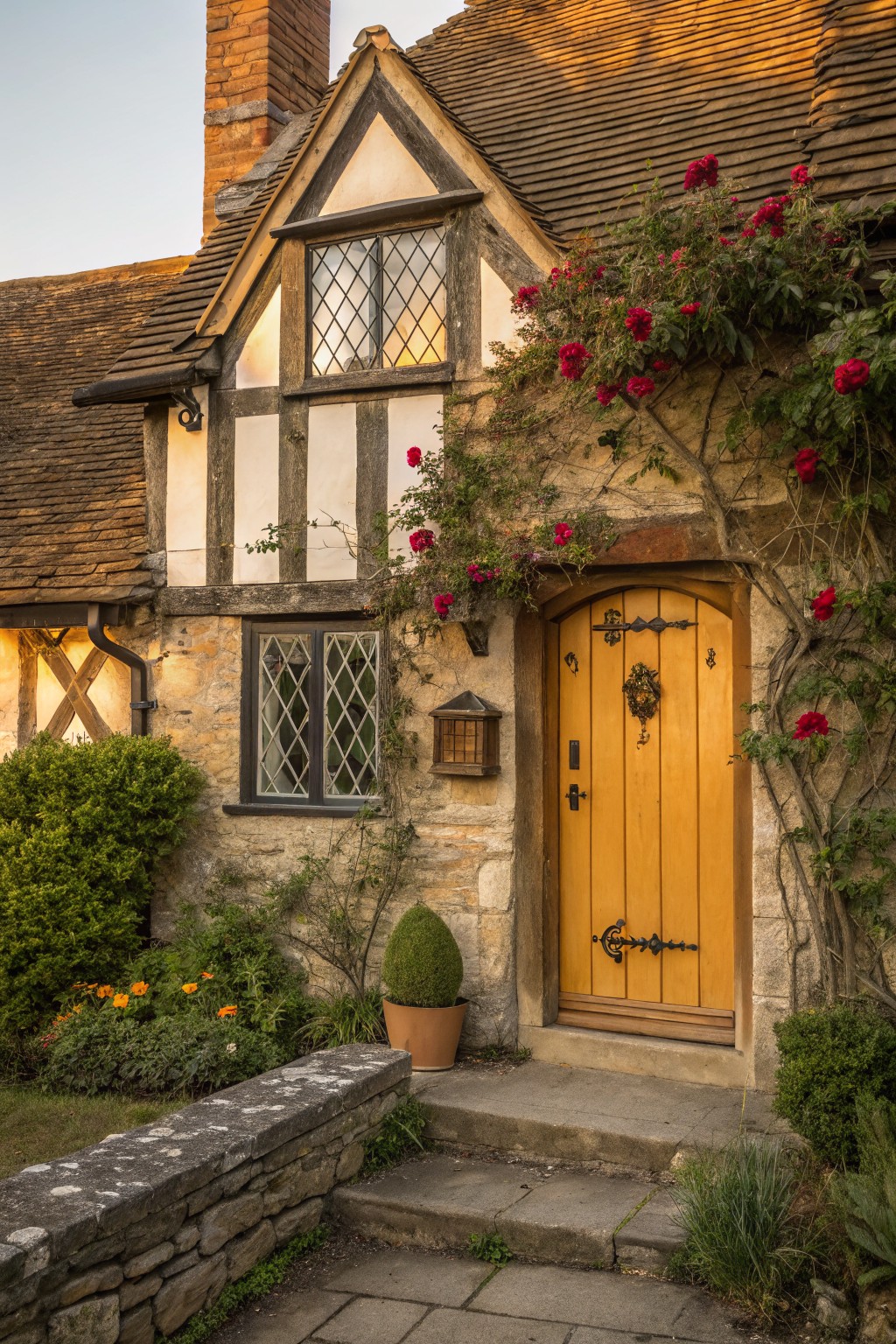 Tudor-style stone cottage exterior with yellow arched wooden front door, black iron hardware, climbing red roses, timber framing, leaded windows, lantern light, and front garden with shrubs and stone steps.