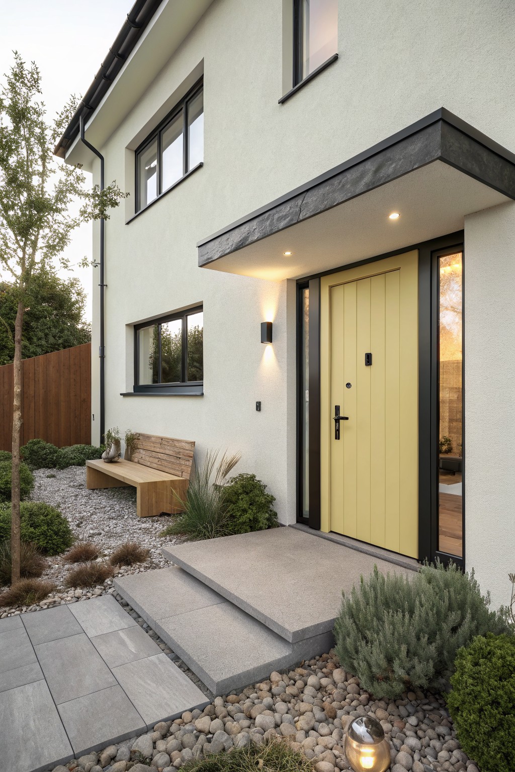 Modern house exterior featuring a bright yellow front door with black frame, cream stucco walls, black-trimmed windows, a wooden bench, gravel ground cover, and low shrubs.