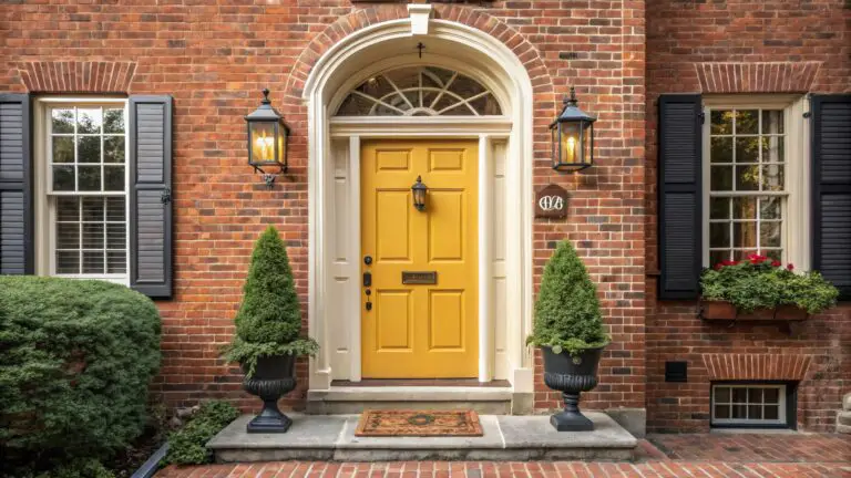 Red brick townhouse facade with arched yellow front door, black shutters on windows, lanterns on either side, potted plants in urns, and stone entry steps.