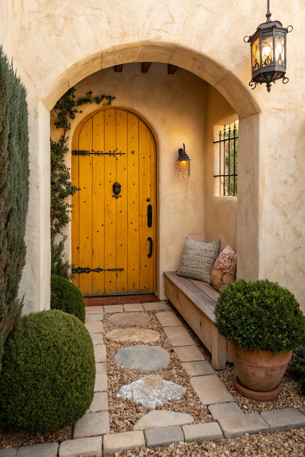 Arched yellow wooden front door in beige stucco entryway with wrought iron details, lanterns, cushioned bench, potted plants, and stone stepping path.