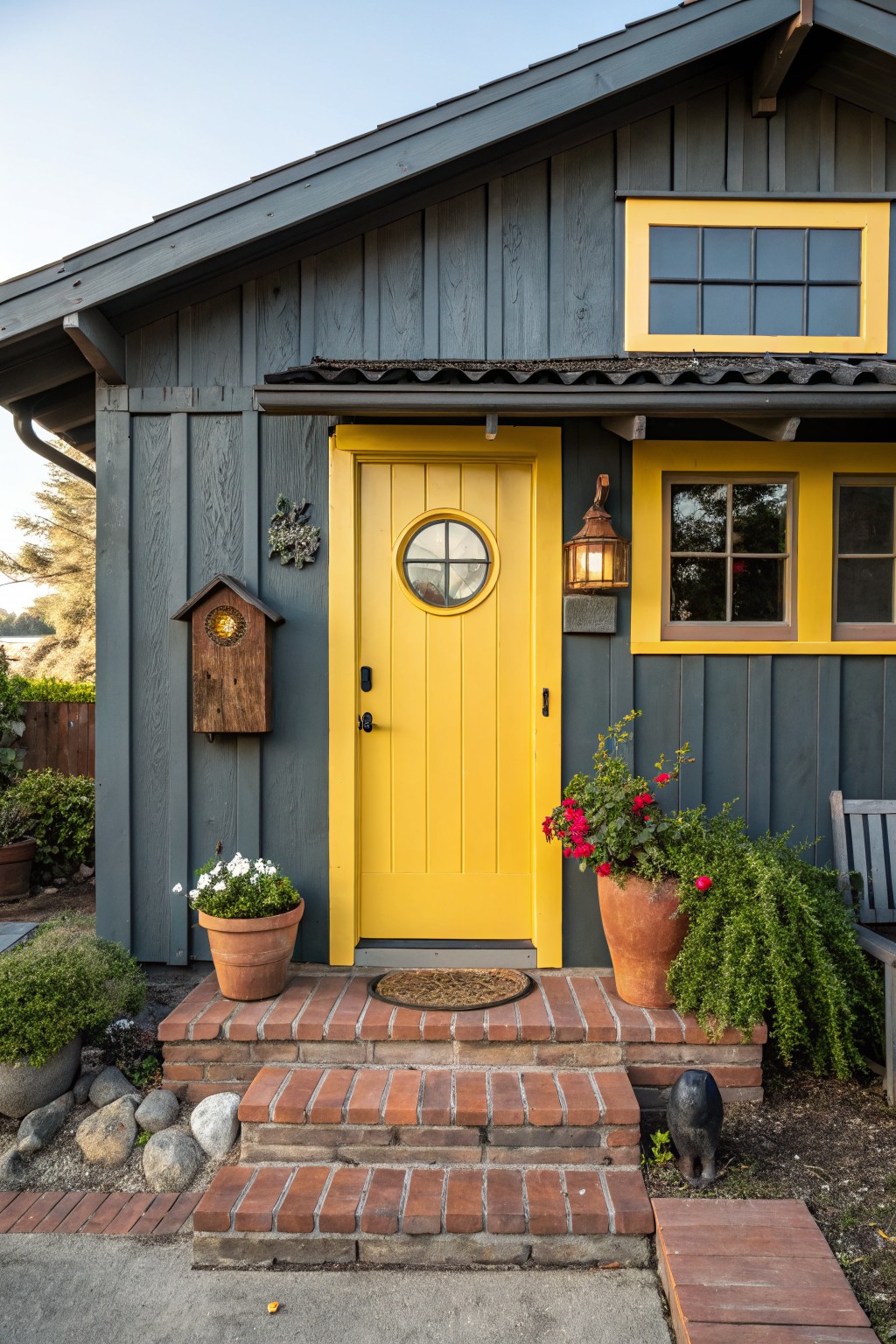 Close view of a bright yellow front door with a round window on a dark gray vertical board-and-batten house siding, flanked by yellow-framed windows, a copper lantern, potted plants, a birdhouse, and brick steps.